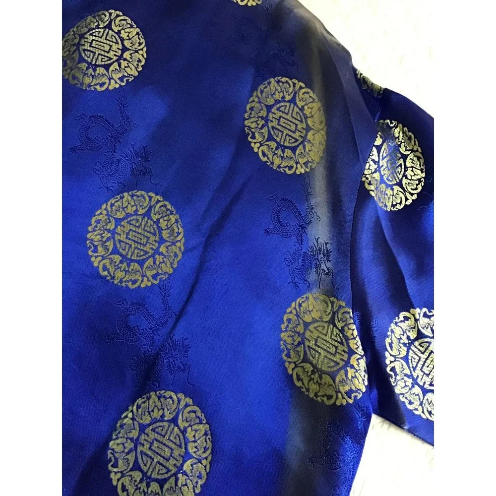 Mens Chinese Traditional Royal Blue Gold Silk Satin Tang‎ Suit Jacket Size XXL